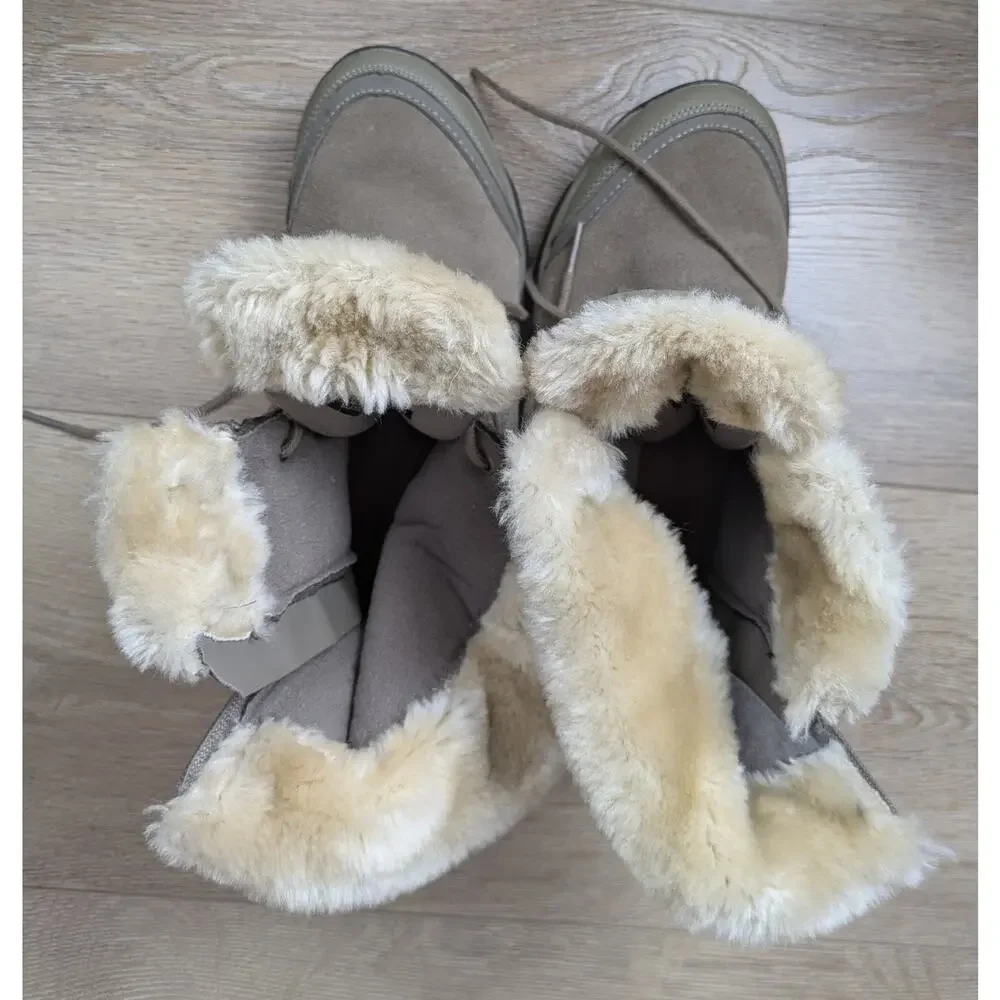 Easy Spirit Eserle Winter Boots 8.5 Taupe Suede Faux Fur Trim Side Zip Lace Up